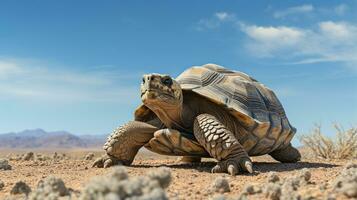 foto van een woestijn schildpad in een woestijn met blauw lucht. generatief ai