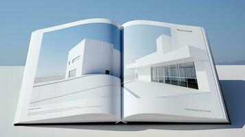 Open tijdschrift met modern en minimalistische gebouw en blauw lucht. 3d weergave. foto