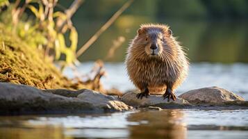 detailopname foto van een muskusrat op zoek in hun leefgebied. generatief ai