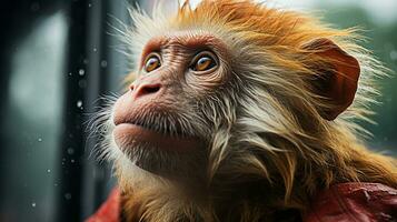 detailopname foto van een uakari aap op zoek ieder richting. generatief ai
