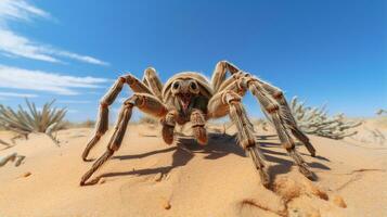 foto van een woestijn tarantula in een woestijn met blauw lucht. generatief ai