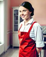 portret van een glimlachen jong vrouw in rood schort staand in keuken. ai generatief foto
