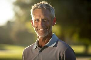 golfspeler Bij zonsondergang Bij schemer Aan golf Cursus groen foto