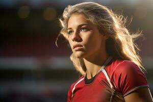 vrouw rugby spelers concurrerende Aan de rugby veld- foto