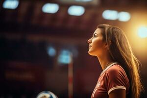 vrouw volleybal spelers zijn concurrerende Aan de binnen- volleybal rechtbank foto