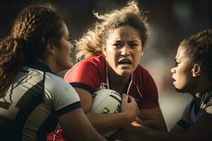 vrouw rugby spelers concurrerende Aan de rugby veld- foto