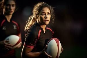 vrouw rugby spelers concurrerende Aan de rugby veld- foto