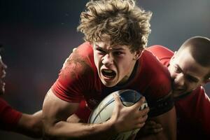 mannetje rugby spelers concurrerende Aan de rugby veld- foto