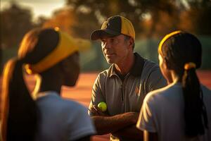 tennis spelers staand en pratend met hun coaches Aan de tennis rechtbank foto