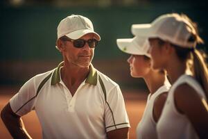 tennis spelers staand en pratend met hun coaches Aan de tennis rechtbank foto