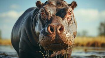 detailopname foto van een nijlpaard op zoek ieder richting Aan oerwoud. generatief ai