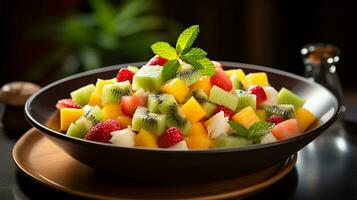 foto van tropisch fruit salade met limoen-munt dressing net zo een schotel in een hoogwaardig restaurant. generatief ai