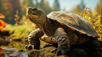 detailopname foto van een snappen schildpad op zoek in hun leefgebied. generatief ai