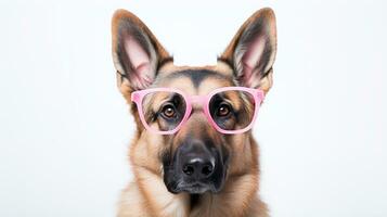foto van een Duitse herder hond gebruik makend van bril geïsoleerd Aan wit achtergrond. generatief ai