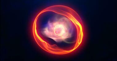 oranje energie gebied met gloeiend helder deeltjes, atoom met elektronen en elektrisch magie veld- wetenschappelijk futuristische hi-tech abstract achtergrond foto