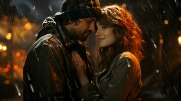 twee geliefden mooi paar Mens en vrouw knuffelen en zoenen Aan een romantisch avond in de regen foto