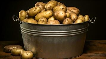 aardappelen in een emmer Aan een houten tafel ai generatief foto