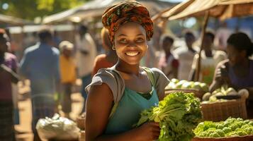 een vrouw is glimlachen terwijl Holding een mand van groenten ai generatief foto