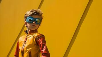 een weinig jongen in een geel superheld kostuum ai generatief foto