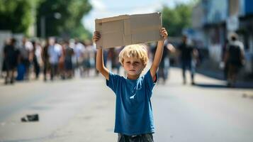 een jong jongen Holding omhoog een karton teken in de midden- van een straat foto