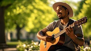 ai generatief een Mens met een hoed spelen een akoestisch gitaar foto