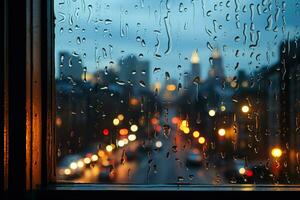 schemering stadsgezicht een glimp opgevangen door regen gespikkeld venster een dichtbij omhoog studie in kalmte foto