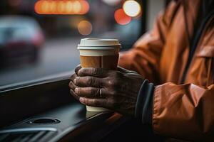 automobilist Bij rit door venster ontvangen vroeg ochtend- koffie plukken me omhoog foto