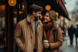 paar sharing een romantisch wandelen elk geklemd stomen meenemen koffie cups foto