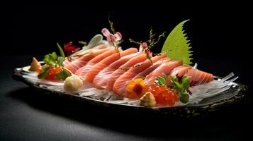 foto van sashimi net zo een schotel in een hoogwaardig restaurant. generatief ai
