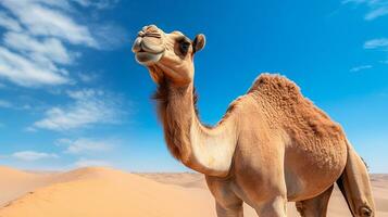 foto van een kameel in een woestijn met blauw lucht. generatief ai