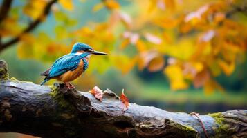 foto van een ijsvogel staand Aan een gedaald boom Afdeling Bij ochtend. generatief ai