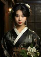 mooi jong Aziatisch vrouw in een traditioneel Japans kostuum foto