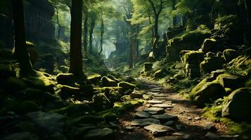 magisch Woud scènes met weelderig groen foto