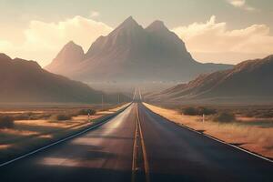Rechtdoor weg in de woestijn met berg backdrop foto