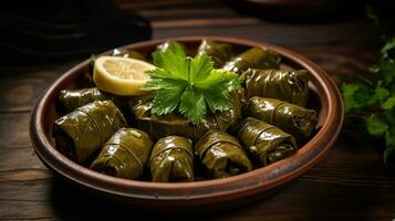 foto van dolmas - gevuld druif bladeren net zo een schotel in een hoogwaardig restaurant. generatief ai