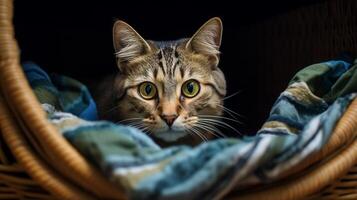 foto van de kat is schuilplaats in de kleren mand. generatief ai