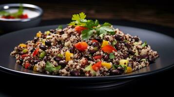 foto van quinoa en zwart Boon salade net zo een schotel in een hoogwaardig restaurant. generatief ai