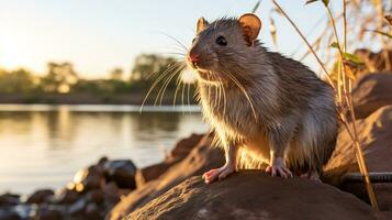 detailopname foto van een riet Rat op zoek in hun leefgebied. generatief ai