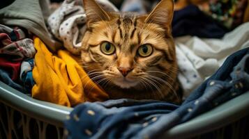 foto van de kat is schuilplaats in de kleren mand. generatief ai