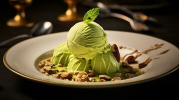 foto van pistache ijs net zo een schotel in een hoogwaardig restaurant. generatief ai