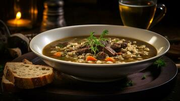 foto van rundvlees en gerst soep net zo een schotel in een hoogwaardig restaurant. generatief ai