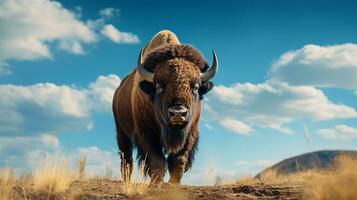 foto van een bizon onder blauw lucht. generatief ai