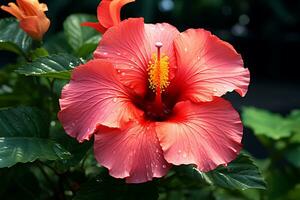 helder groot rood bloem van hibiscus. roze hibiscus bloem geur fabriek voor aroma bloemen. tropisch roos hibiscus bloem geïsoleerd. ai gegenereerd foto
