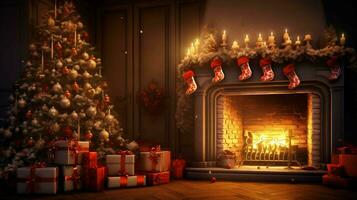 knus Kerstmis interieur met een gloeiend boom, haard, en presenteert foto