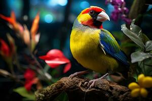 kleurrijk gouldian vink is neergestreken Aan een Afdeling in een tropisch regenwoud. ai gegenereerd. foto