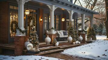 mooi Kerstmis versierd voorkant deur en veranda van een huis Aan een winter avond. generatief ai. foto