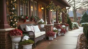 mooi Kerstmis versierd voorkant deur en veranda van een huis Aan een winter avond. generatief ai. foto