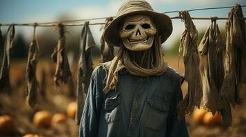 beangstigend halloween skelet kop figuur en lichaam buitenshuis in de land - generatief ai. foto