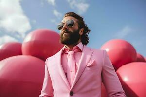 een Mens slijtage roze pak in roze wereld foto