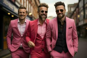groep van mannen wandelen in de omgeving van vervelend roze pak foto